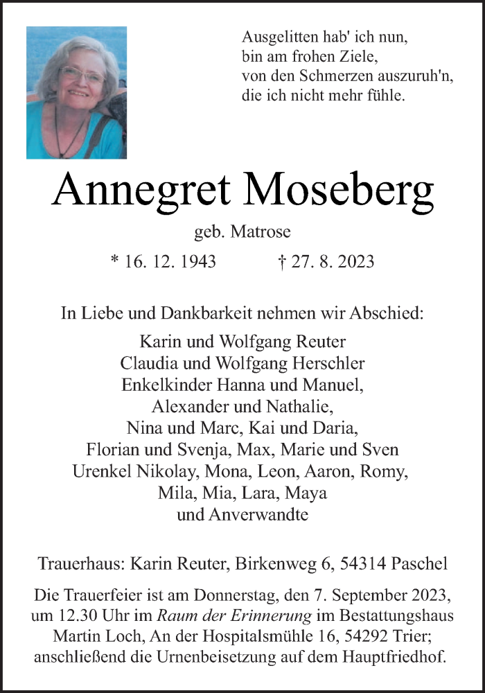  Traueranzeige für Annegret Moseberg vom 02.09.2023 aus trierischer_volksfreund
