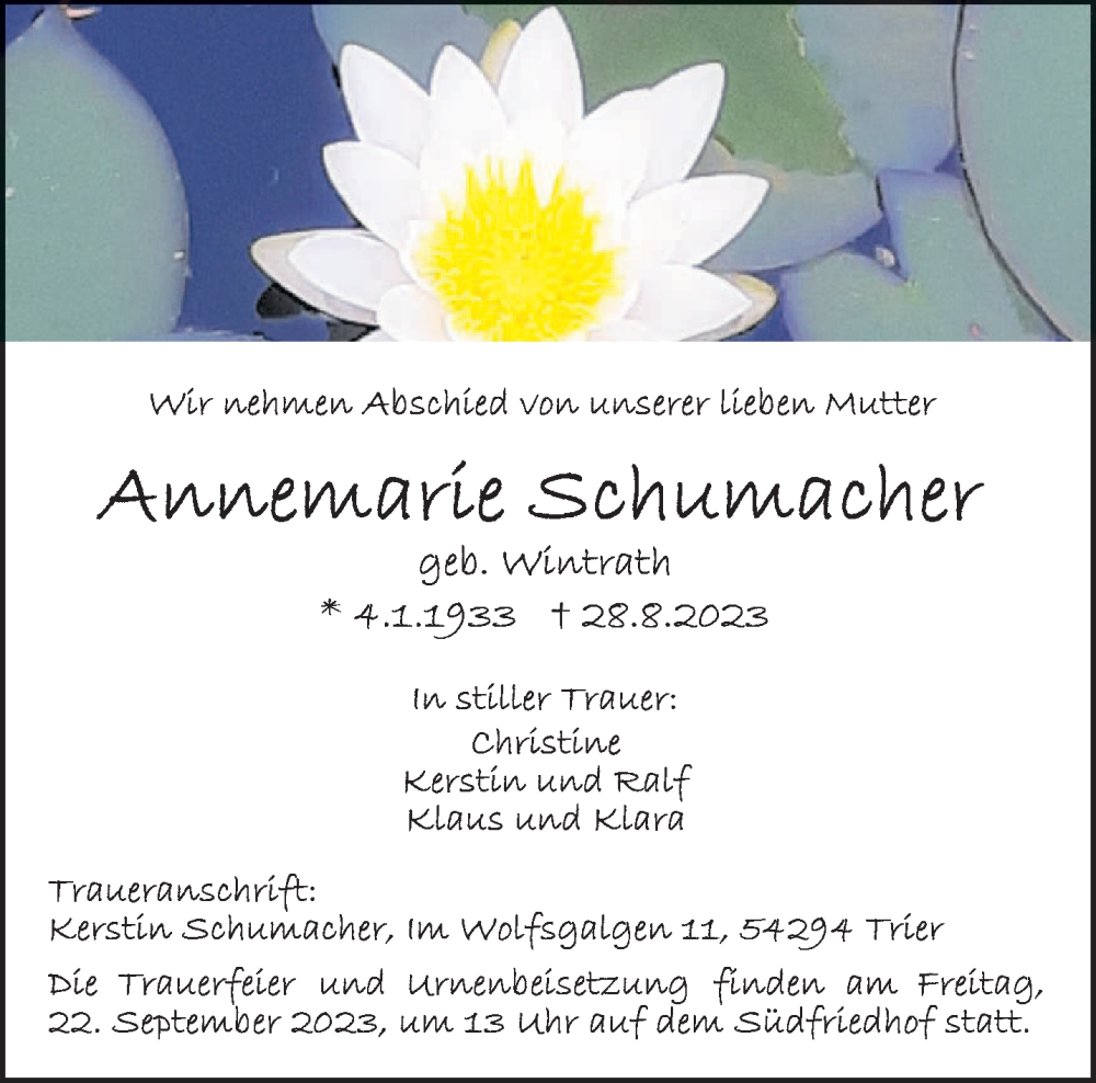  Traueranzeige für Annemarie Schumacher vom 16.09.2023 aus trierischer_volksfreund