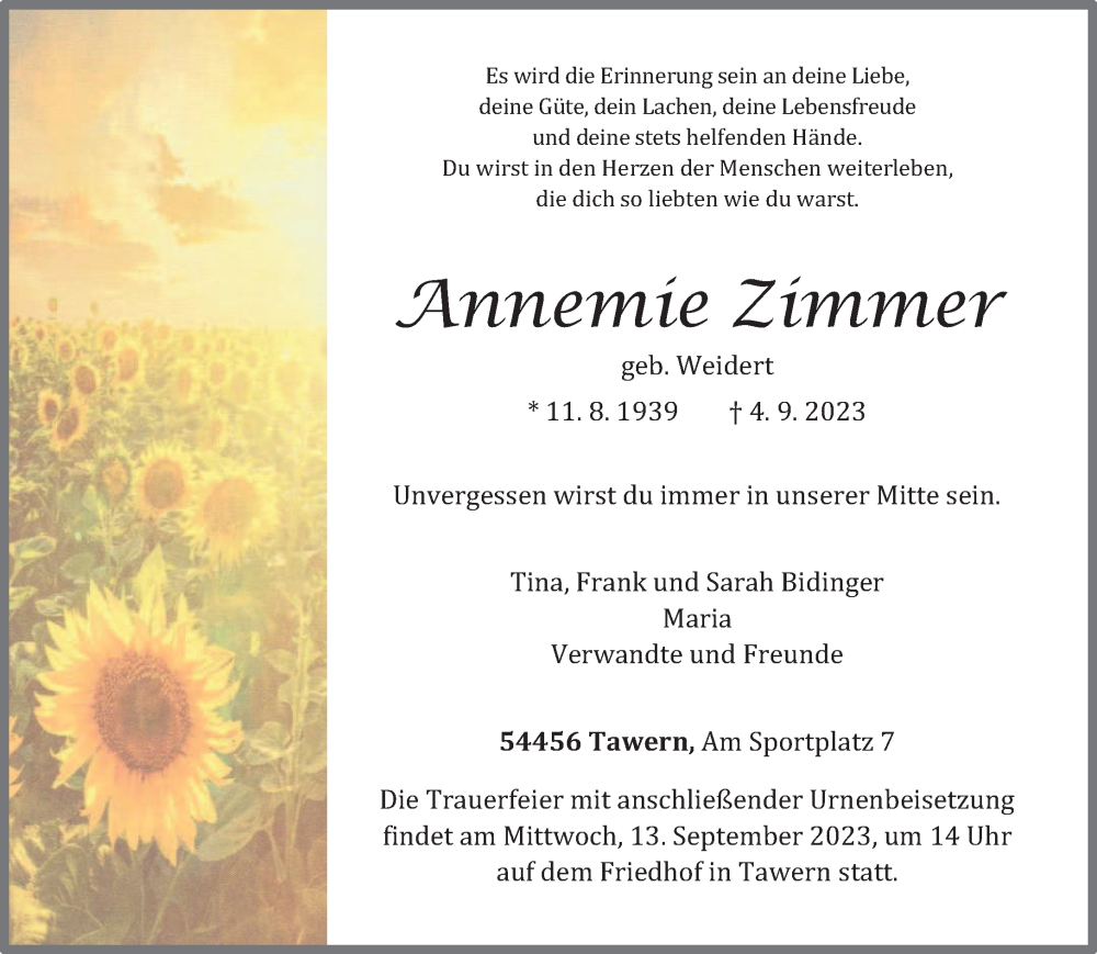  Traueranzeige für Annemie Zimmer vom 09.09.2023 aus trierischer_volksfreund