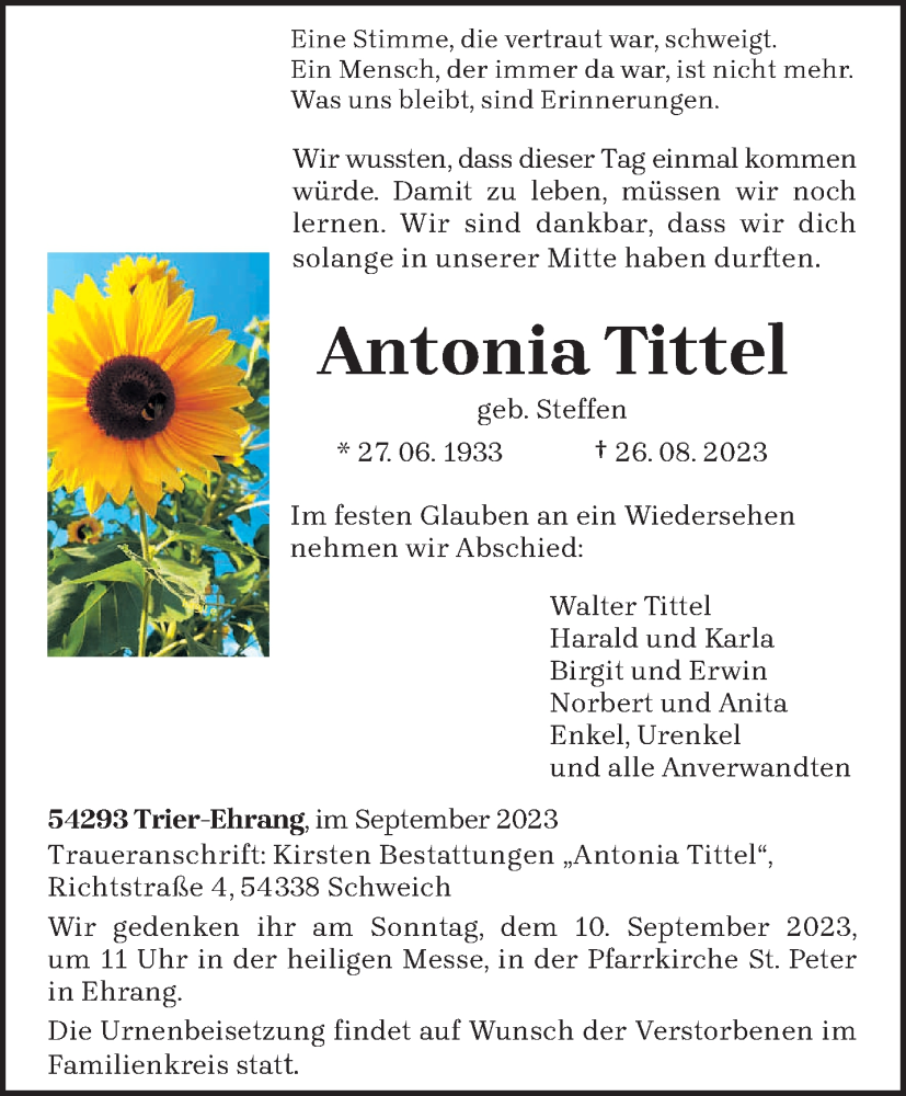  Traueranzeige für Antonia Tittel vom 02.09.2023 aus trierischer_volksfreund