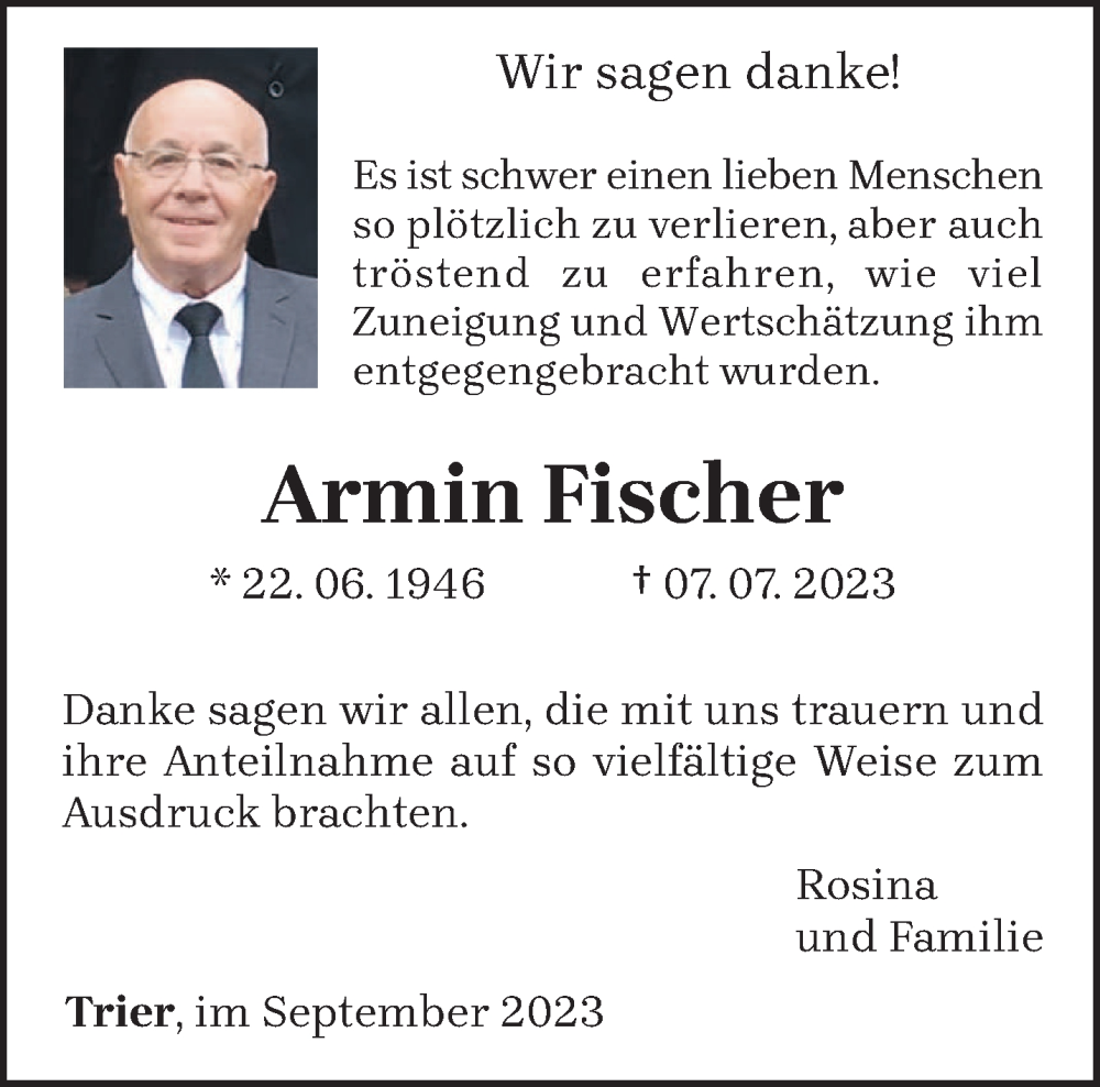  Traueranzeige für Armin Fischer vom 07.09.2023 aus trierischer_volksfreund