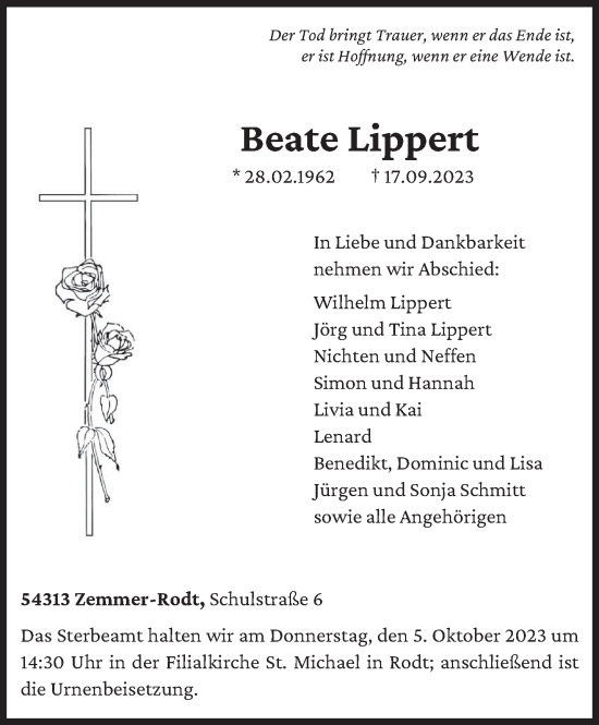 Traueranzeigen Von Beate Lippert | Volksfreund.Trauer.de