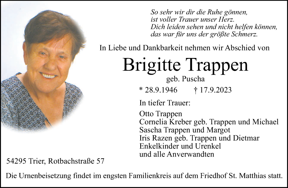  Traueranzeige für Brigitte Trappen vom 23.09.2023 aus trierischer_volksfreund