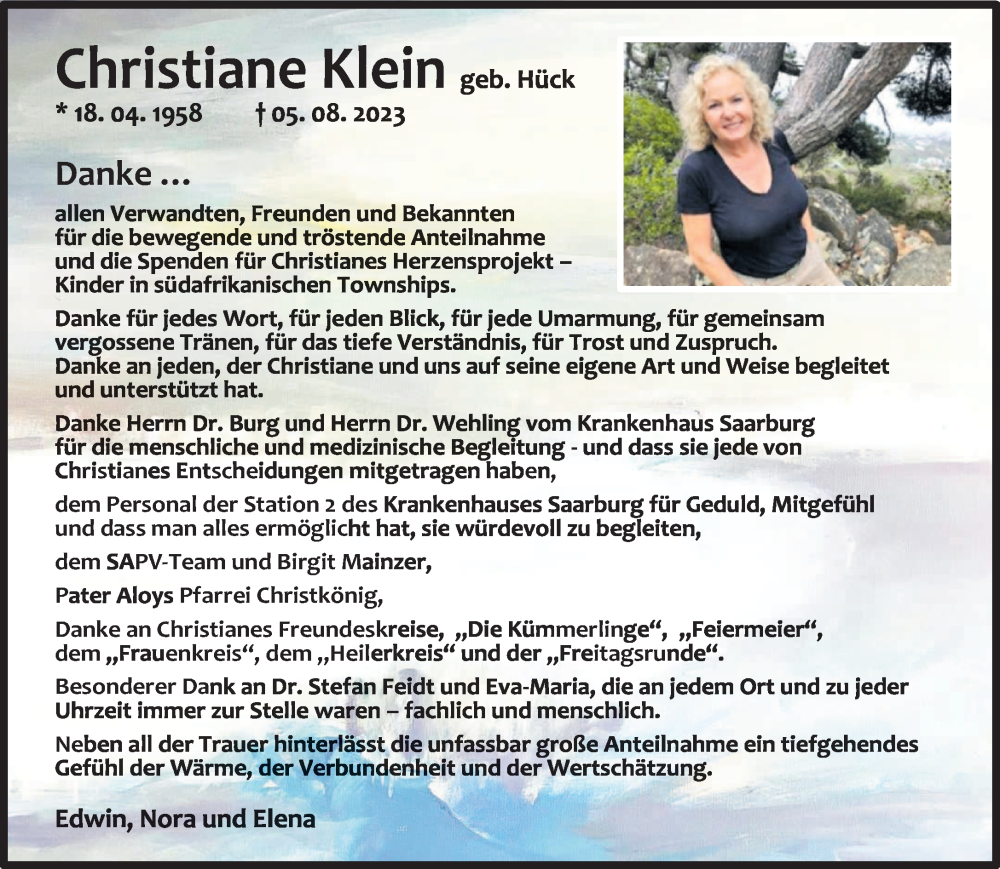  Traueranzeige für Christiane Klein vom 23.09.2023 aus trierischer_volksfreund