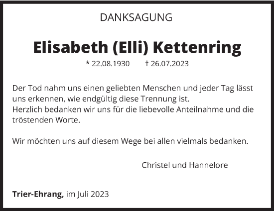 Traueranzeige von Elisabeth Kettenring von trierischer_volksfreund
