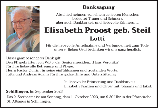 Traueranzeige von Elisabeth Proost von trierischer_volksfreund