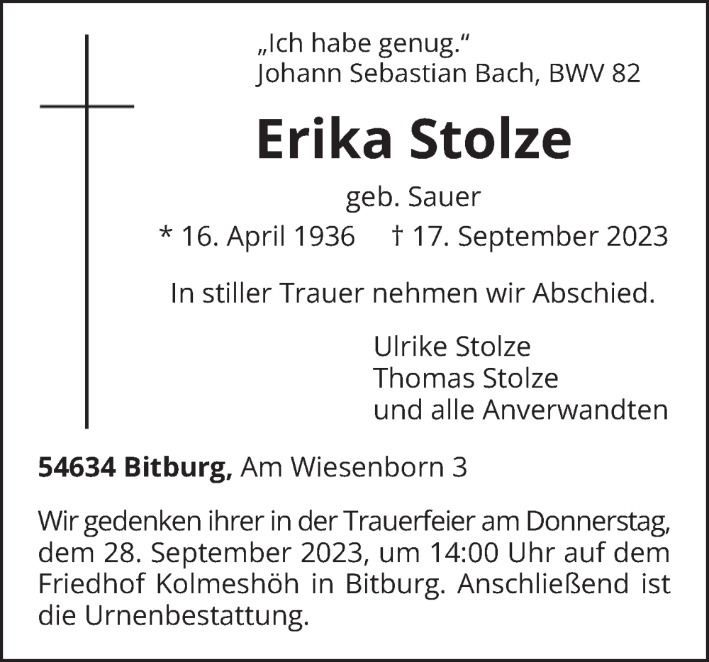  Traueranzeige für Erika Stolze vom 20.09.2023 aus trierischer_volksfreund