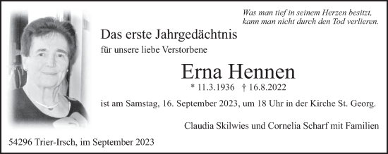 Traueranzeige von Erna Hennen von trierischer_volksfreund