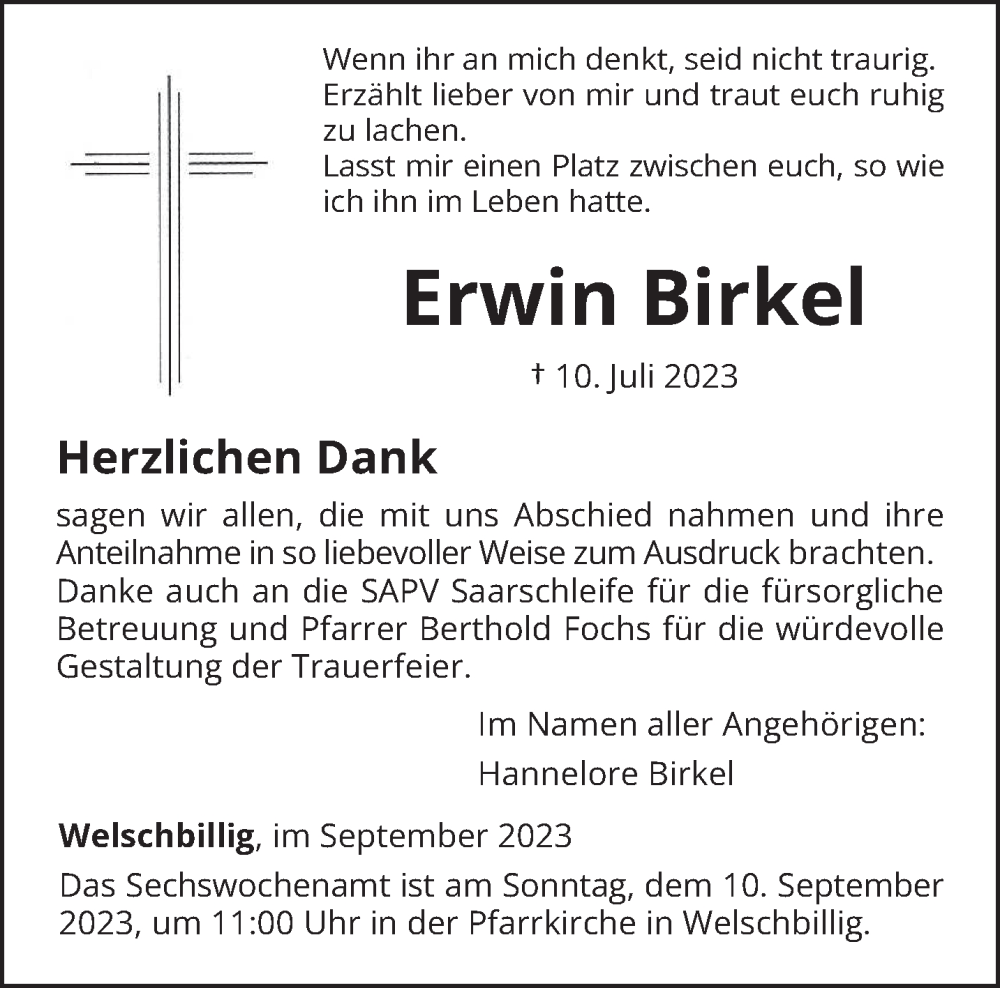  Traueranzeige für Erwin Birkel vom 02.09.2023 aus trierischer_volksfreund