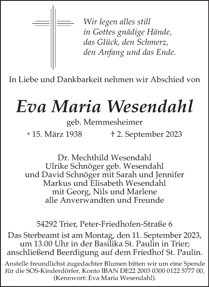  Traueranzeige für Eva Maria Wesendahl vom 09.09.2023 aus trierischer_volksfreund