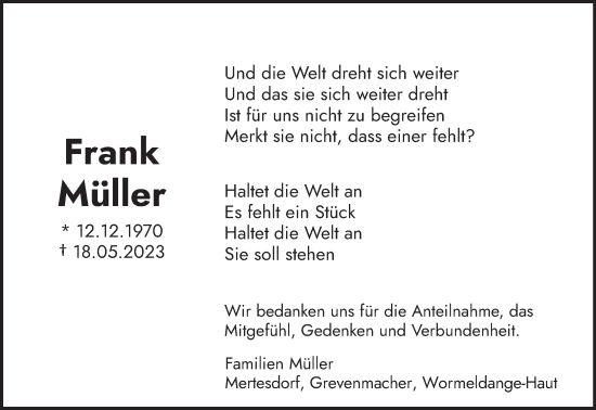 Traueranzeige von Frank Müller von trierischer_volksfreund