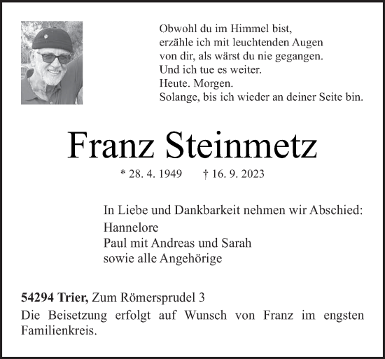 Traueranzeige von Franz Steinmetz von trierischer_volksfreund