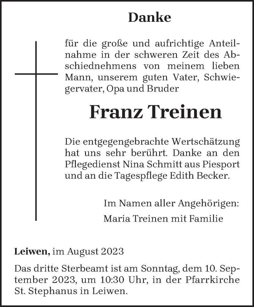  Traueranzeige für Franz Treinen vom 06.09.2023 aus trierischer_volksfreund
