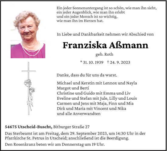 Traueranzeige von Franziska Aßmann von trierischer_volksfreund