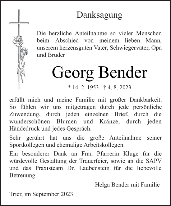 Traueranzeige von Georg Bender von trierischer_volksfreund