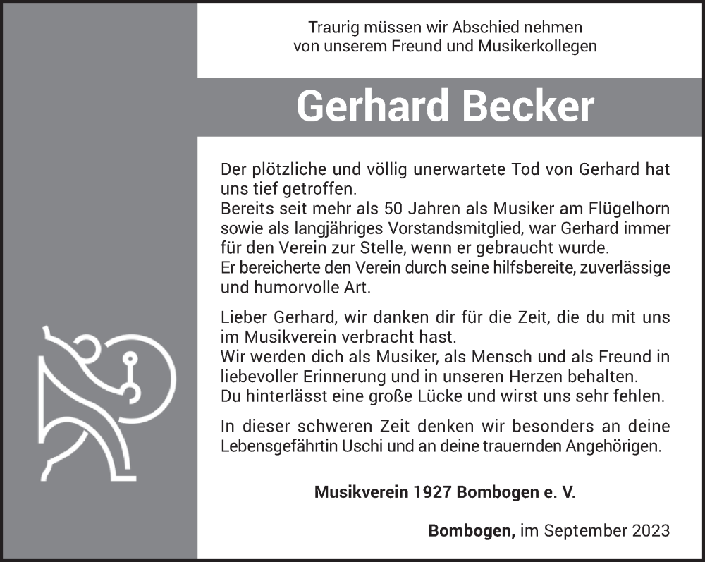  Traueranzeige für Gerhard Becker vom 23.09.2023 aus trierischer_volksfreund