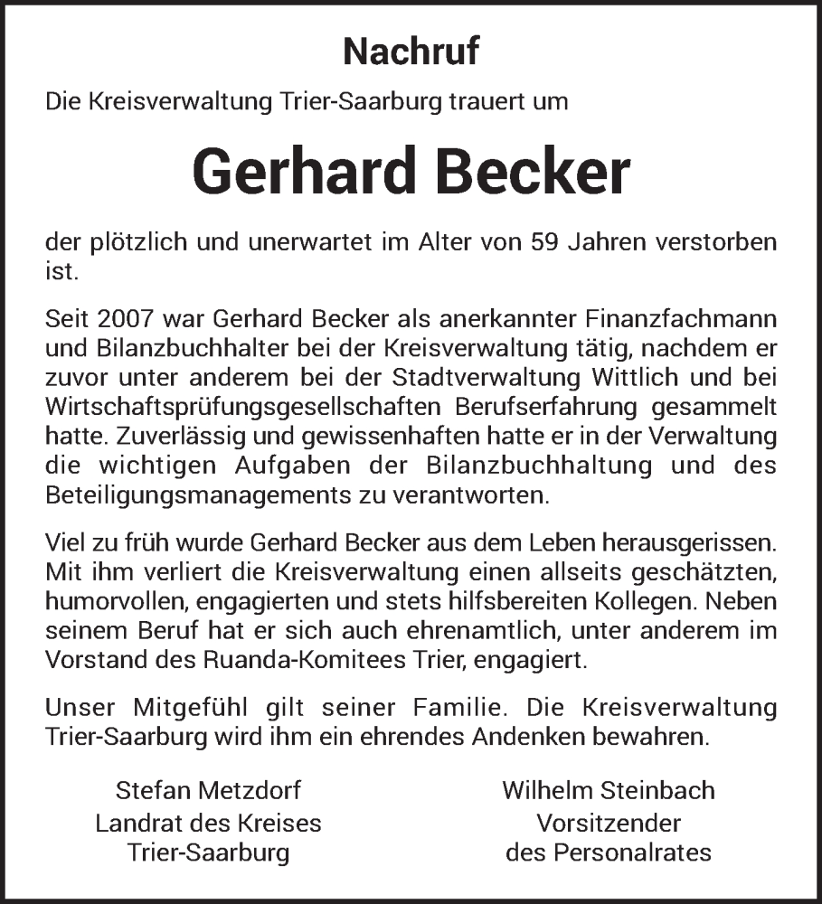  Traueranzeige für Gerhard Becker vom 23.09.2023 aus trierischer_volksfreund