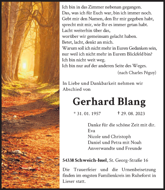 Traueranzeige von Gerhard Blang von trierischer_volksfreund