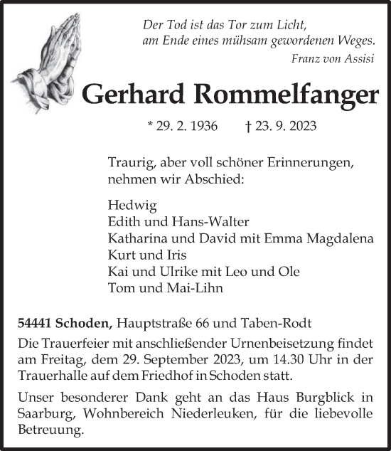 Traueranzeige von Gerhard Rommelfanger von trierischer_volksfreund