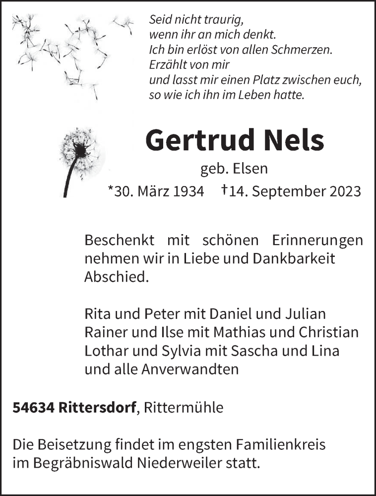  Traueranzeige für Gertrud Nels vom 18.09.2023 aus trierischer_volksfreund