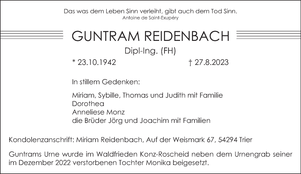  Traueranzeige für Guntram Reidenbach vom 09.09.2023 aus trierischer_volksfreund