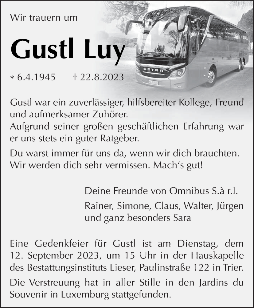  Traueranzeige für Gustl Luy vom 02.09.2023 aus trierischer_volksfreund