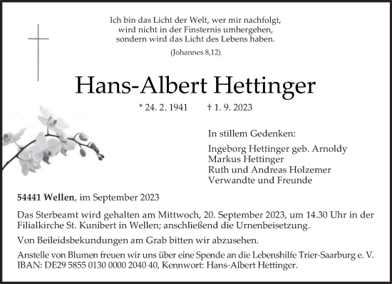 Traueranzeige von Hans-Albert Hettinger von trierischer_volksfreund