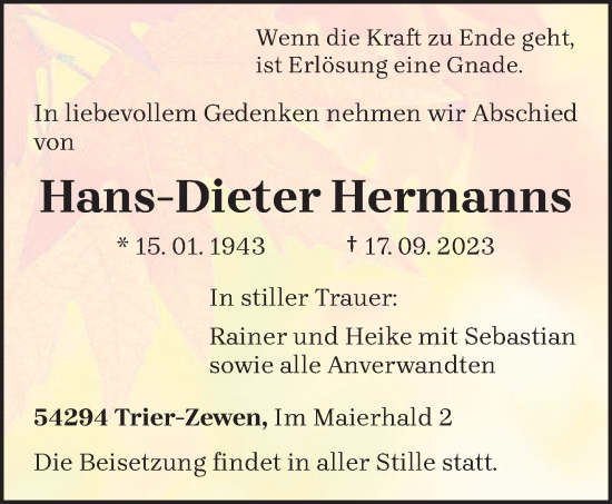 Traueranzeige von Hans-Dieter Hermanns von trierischer_volksfreund