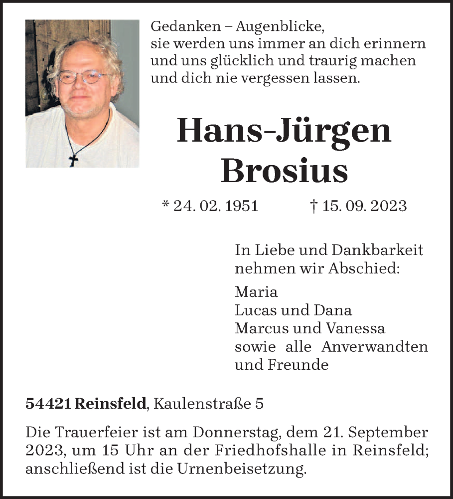  Traueranzeige für Hans-Jürgen Brosius vom 19.09.2023 aus trierischer_volksfreund