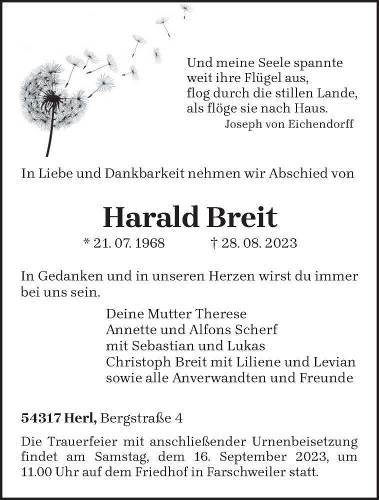  Traueranzeige für Harald Breit vom 09.09.2023 aus trierischer_volksfreund