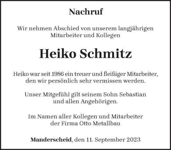Traueranzeige von Heiko Schmitz von trierischer_volksfreund