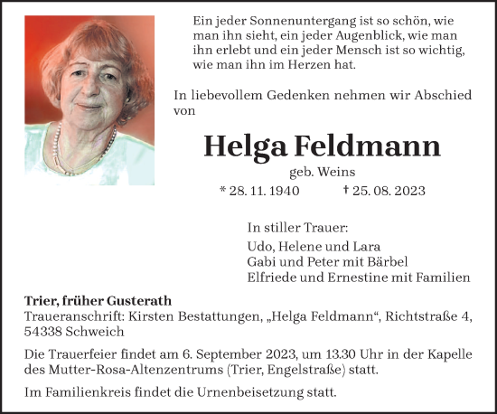 Traueranzeige von Helga Feldmann von trierischer_volksfreund