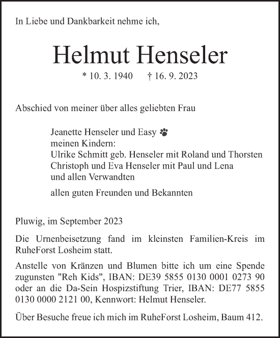 Traueranzeige von Helmut Henseler von trierischer_volksfreund