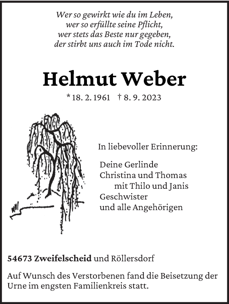  Traueranzeige für Helmut Weber vom 23.09.2023 aus trierischer_volksfreund