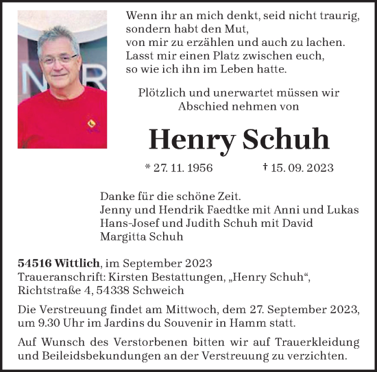 Traueranzeige von Henry Schuh von trierischer_volksfreund
