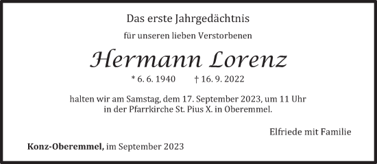 Traueranzeige von Hermann Lorenz von trierischer_volksfreund