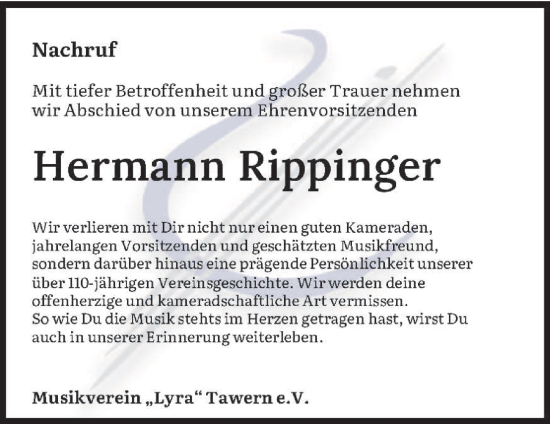 Traueranzeige von Hermann Rippinger von trierischer_volksfreund