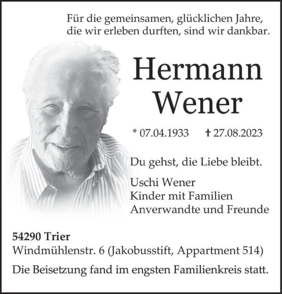  Traueranzeige für Hermann Wener vom 09.09.2023 aus trierischer_volksfreund