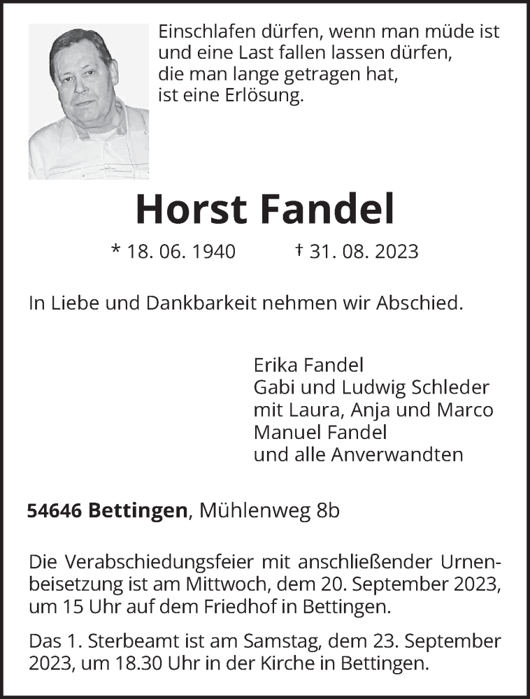  Traueranzeige für Horst Fandel vom 09.09.2023 aus trierischer_volksfreund