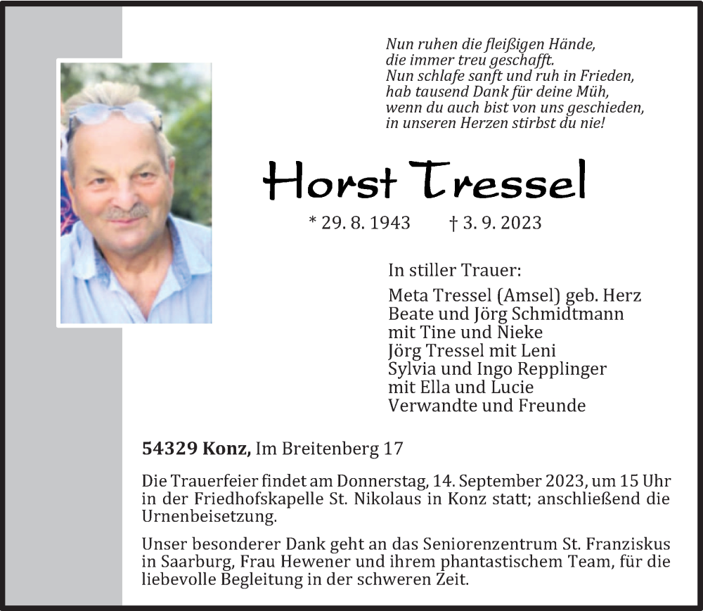  Traueranzeige für Horst Tressel vom 09.09.2023 aus trierischer_volksfreund