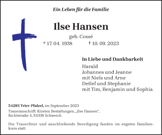 Traueranzeige von Ilse Hansen von trierischer_volksfreund