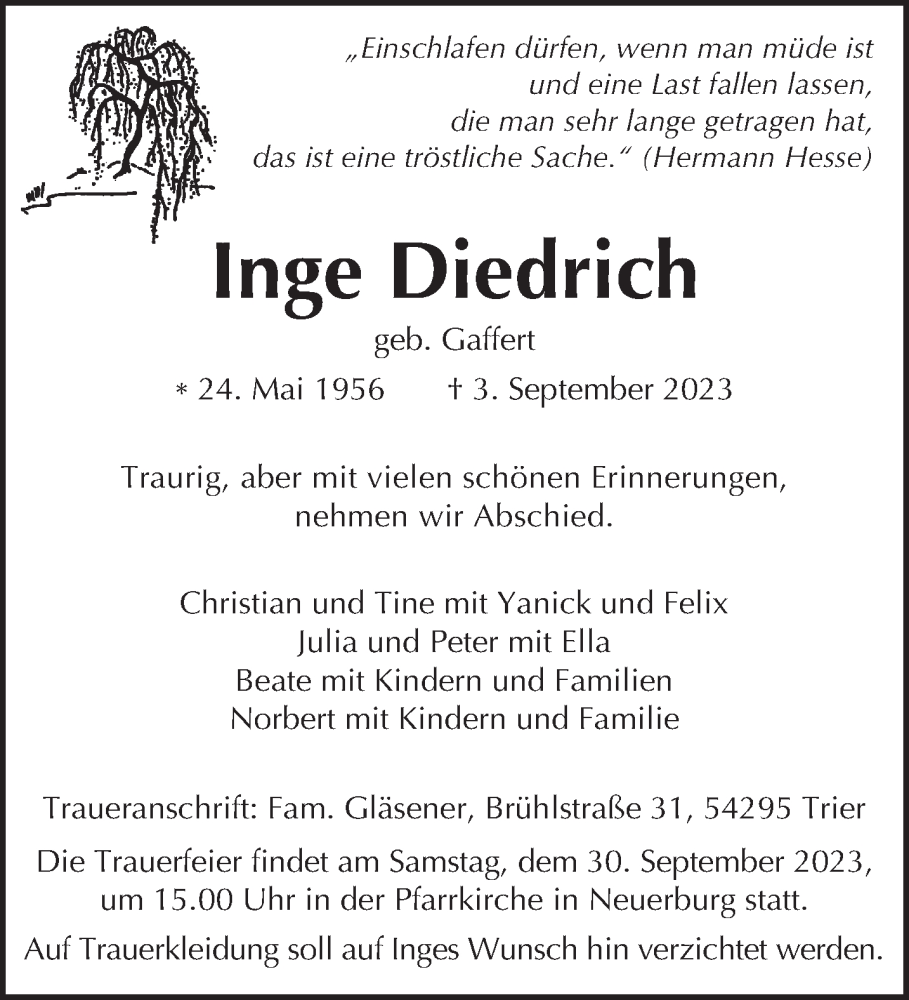  Traueranzeige für Inge Diedrich vom 09.09.2023 aus trierischer_volksfreund
