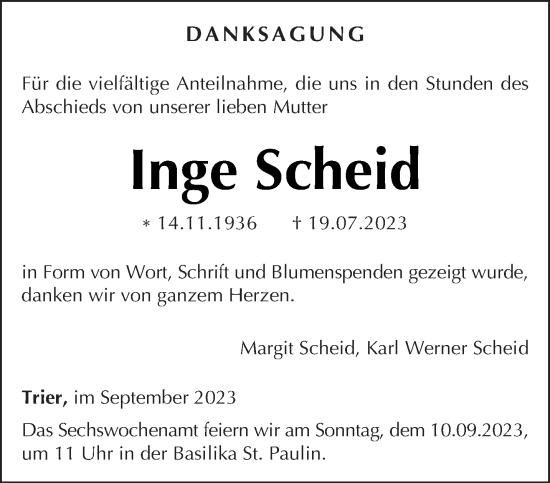 Traueranzeige von Inge Scheid von trierischer_volksfreund