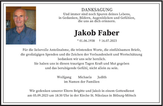 Traueranzeige von Jakob Faber von trierischer_volksfreund