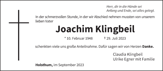 Traueranzeige von Joachim Klingbeil von trierischer_volksfreund