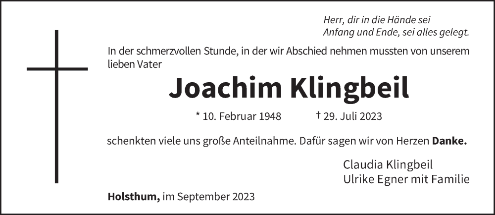  Traueranzeige für Joachim Klingbeil vom 16.09.2023 aus trierischer_volksfreund