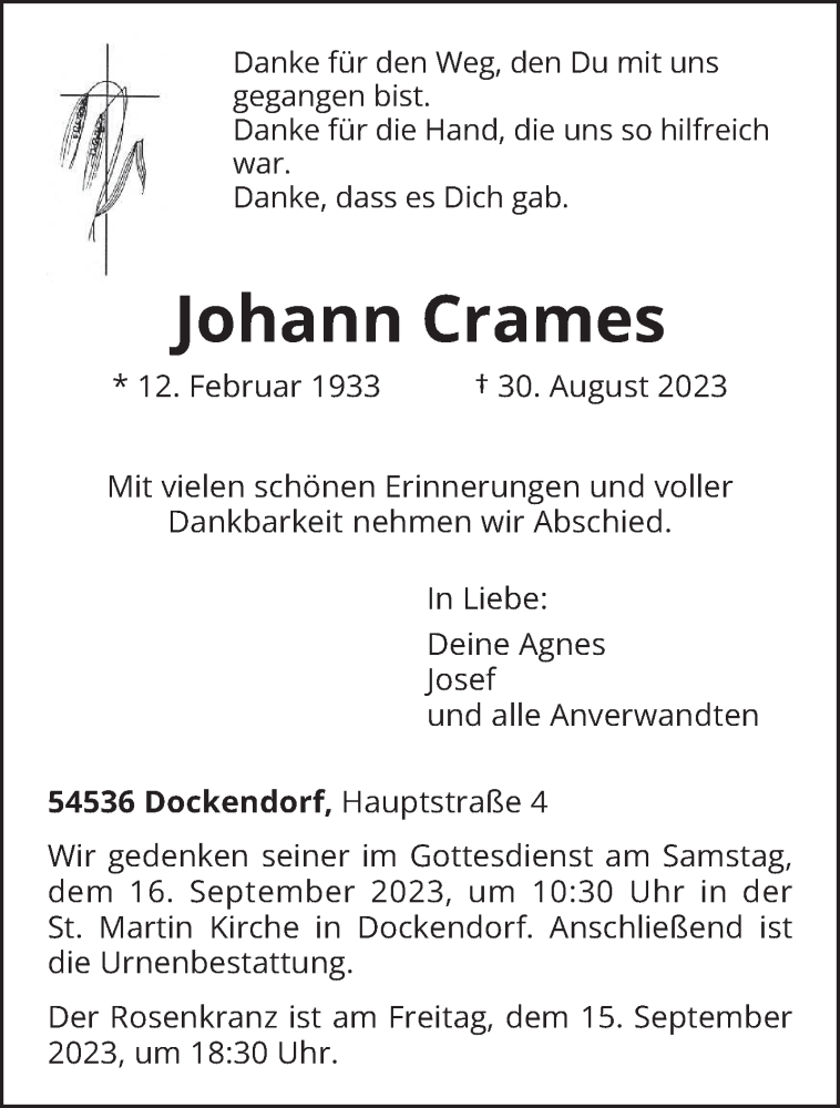  Traueranzeige für Johann Crames vom 08.09.2023 aus trierischer_volksfreund