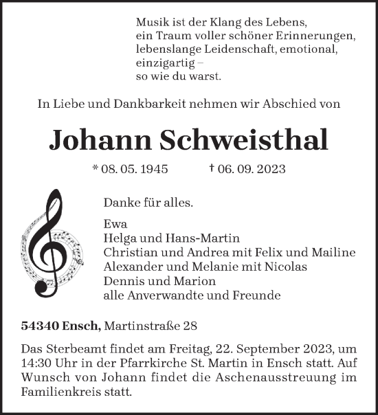 Traueranzeige von Johann Schweisthal von trierischer_volksfreund