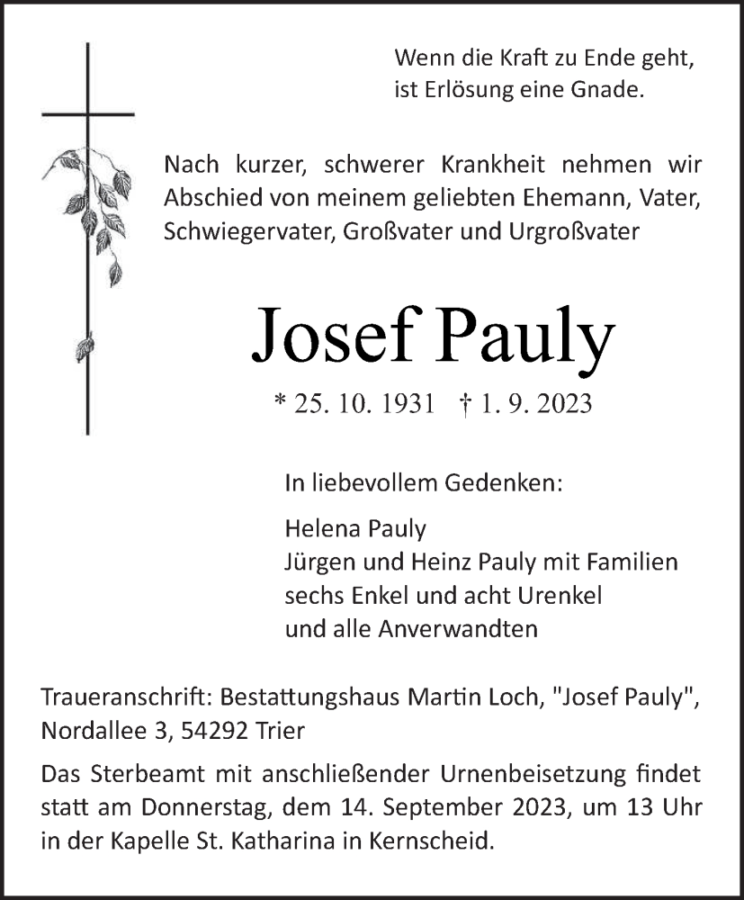  Traueranzeige für Josef Pauly vom 06.09.2023 aus trierischer_volksfreund
