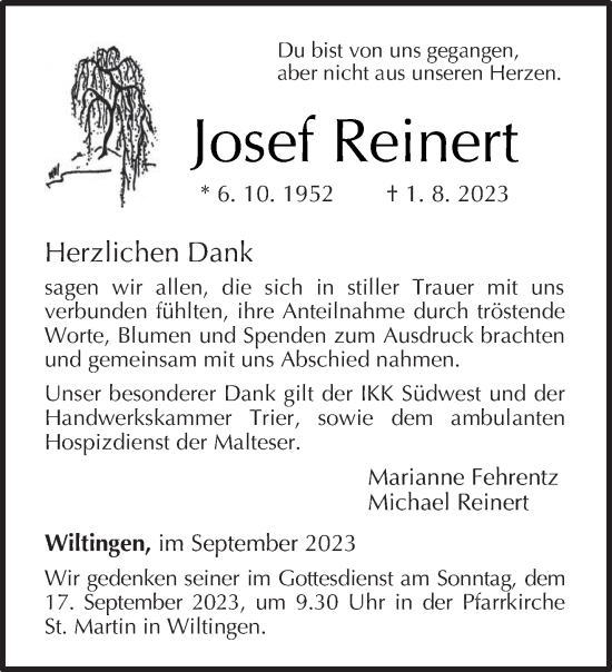 Traueranzeige von Josef Reinert von trierischer_volksfreund